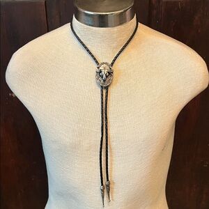 Bolo Tie Skull Buffalo Black Leather Signed SSI